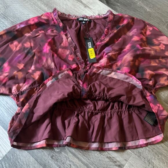 Steve Madden Wine Floral Blouse Button Down Top Feminine Ruffles - Picture 7 of 10